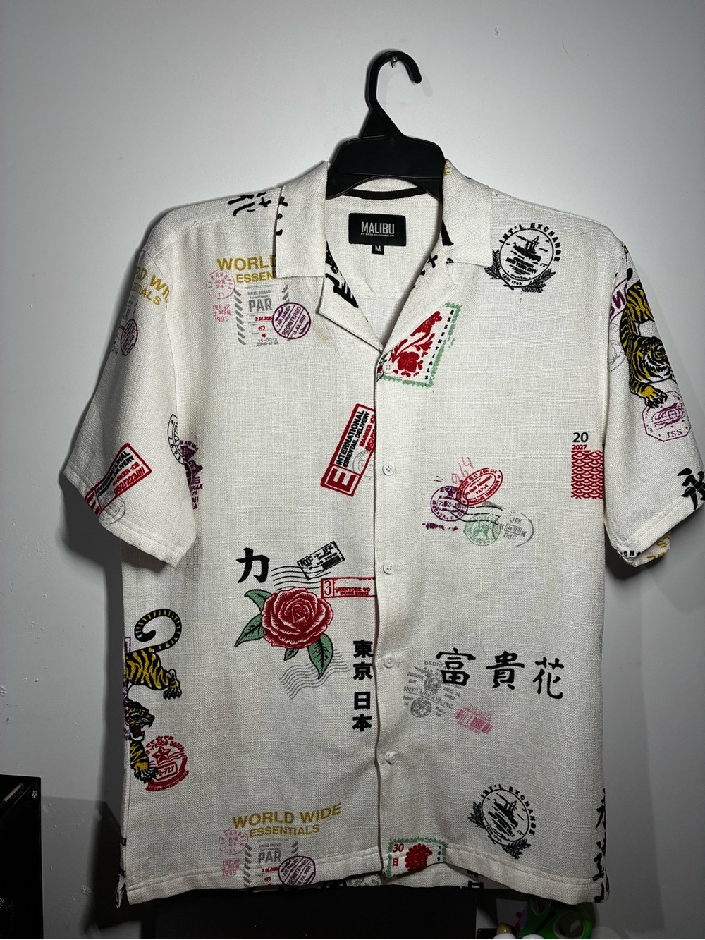 Malibu White Short-Sleeve Button-Down Shirt with Multicolor Stamp Prints